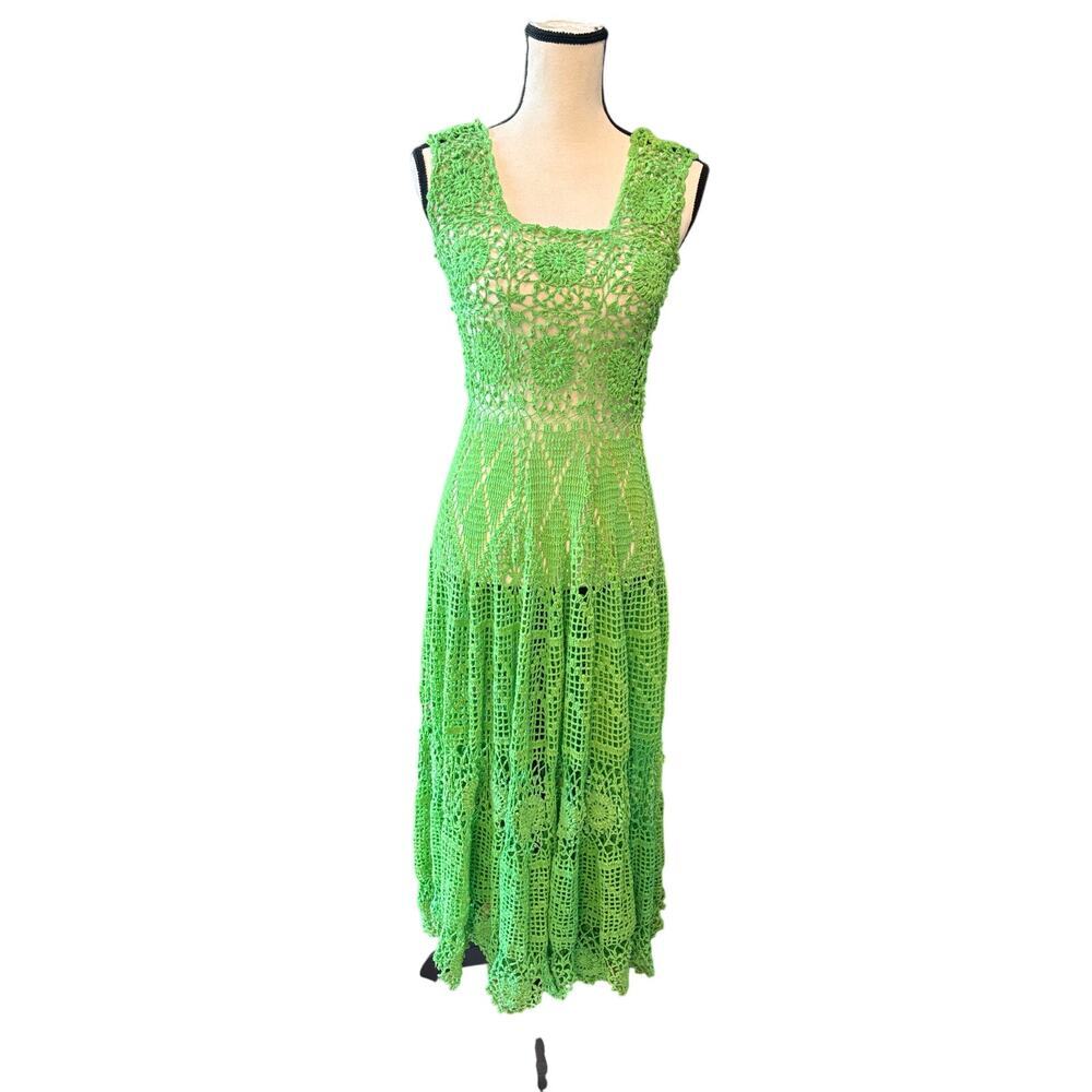 Alix Pinho Women's Small Green Crochet Long Dress Handmade Boho Resortwear
